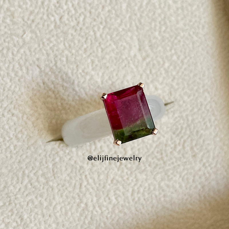 "The Bingsu Rings" Type A Icy Jadeite & Watermelon Tourmaline 18K Rose Gold Ring