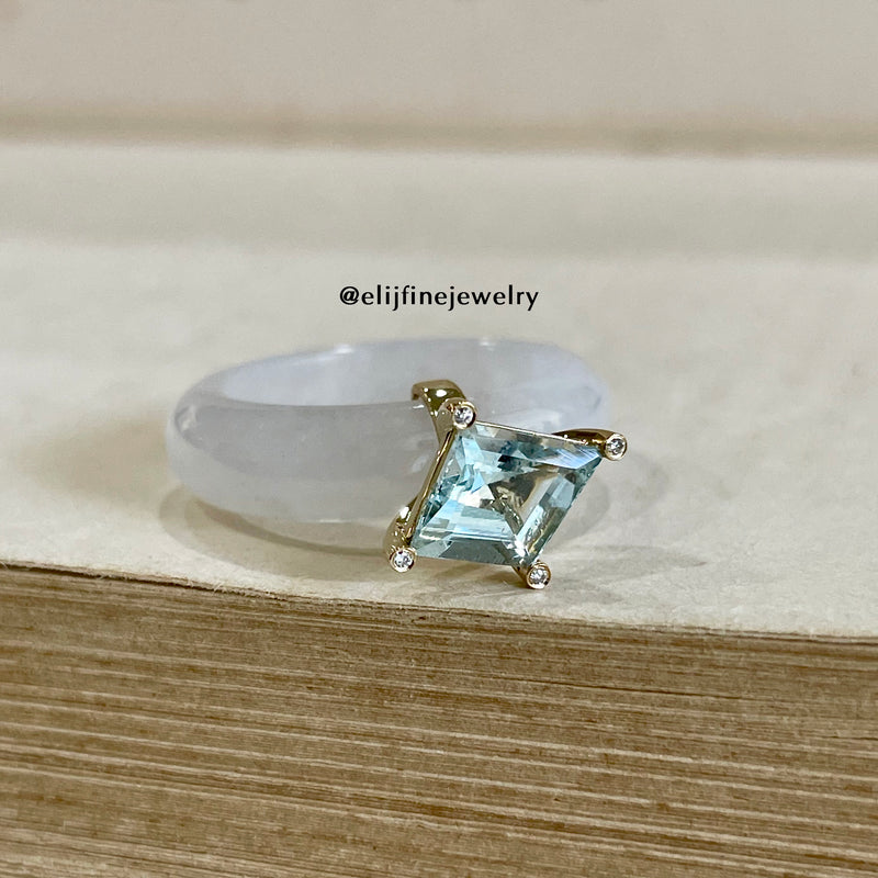 "The Bingsu Rings" Type A Icy Jadeite & Aquamarine 18K Yellow Gold Ring