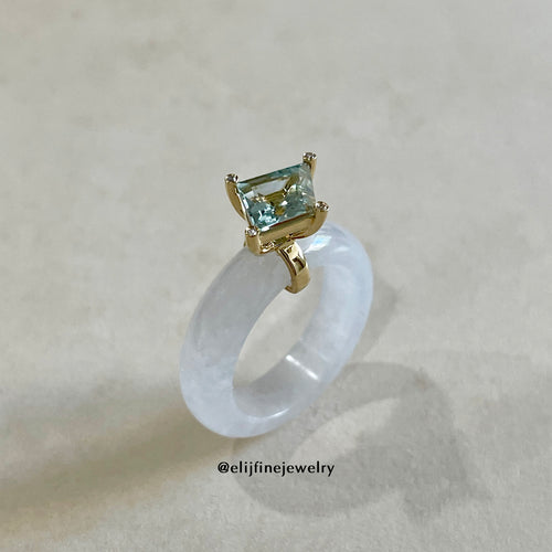 "The Bingsu Rings" Type A Icy Jadeite & Aquamarine 18K Yellow Gold Ring