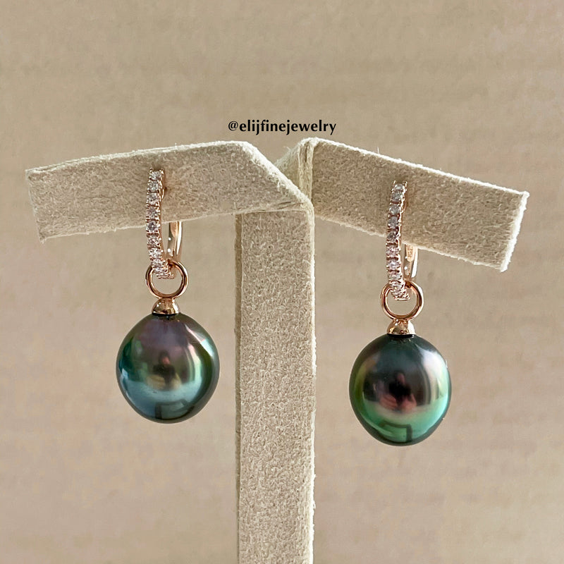 Peacock Tahitian Pearl & Diamond Huggie Hoop 18K Rose Gold Earrings