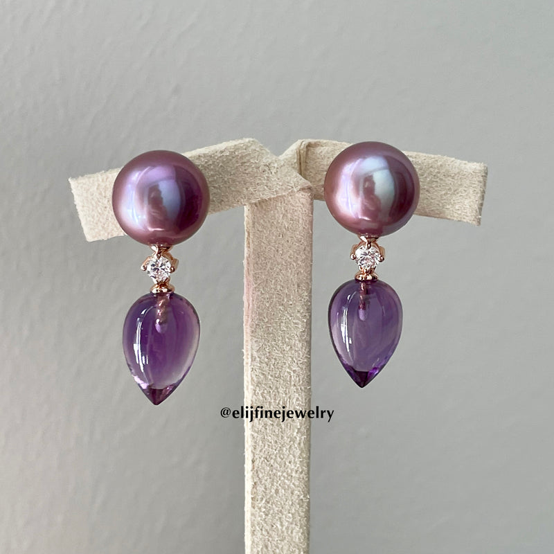 "Rock Chic" Amethyst Drop & Purple Edison Pearl 18K Rose Gold Earrings
