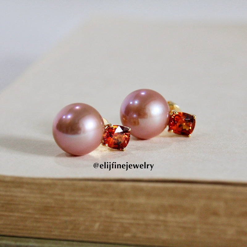 Perfect Peach Edison Pearl & Mandarin Garnet 18K Yellow Gold Earrings