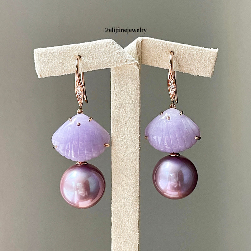 "The Joyful Empress" Rare Type A Lavender Jadeite Carved Shells & Purple Edison Pearl 18K Rose Gold Earrings