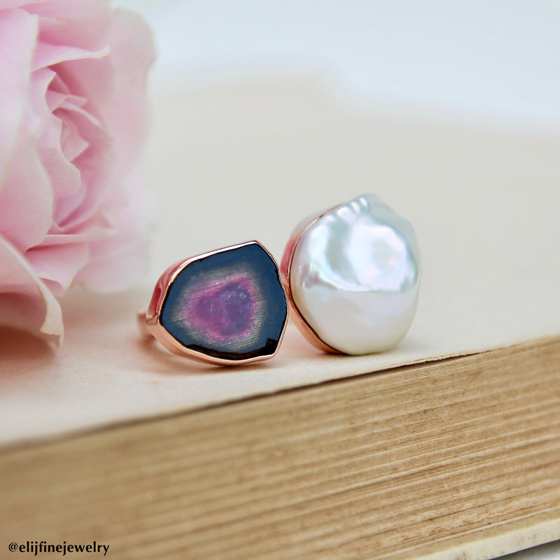 "Picnic at Botanic Gardens" Pearl & Watermelon Tourmaline Slice Ring (The Clouds Collection: Keshi Pearl)
