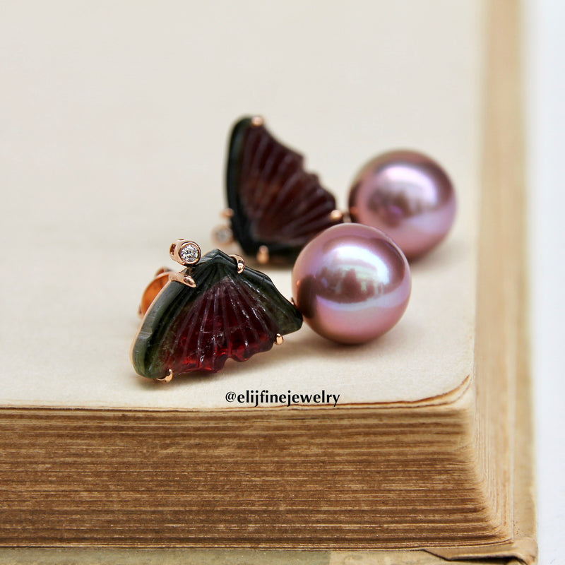 "Flight of Joy" Watermelon Tourmaline Butterfly & Pink-Purple Edison Pearl 14K Rose Gold Earrings
