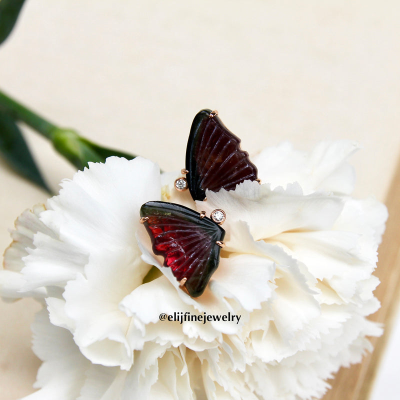 "Flight of Joy" Watermelon Tourmaline Butterfly & Pink-Purple Edison Pearl 14K Rose Gold Earrings