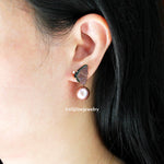 "Flight of Joy" Watermelon Tourmaline Butterfly & Pink-Purple Edison Pearl 14K Rose Gold Earrings