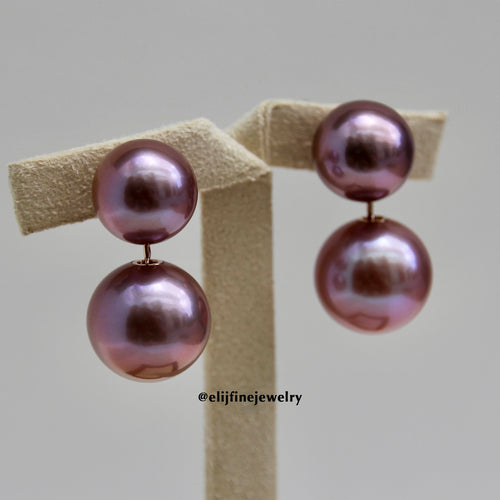 "Dance" Double Purple Edison Pearl 18K Rose Gold Earrings