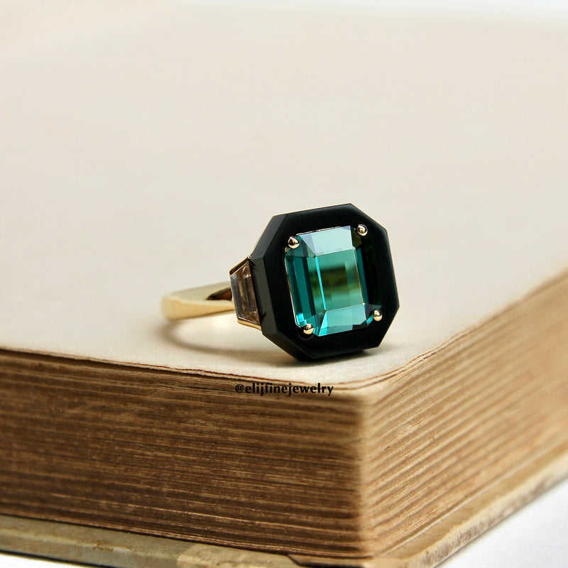 Philomena: Indicolite & Burmese Type A Black Jadeite 18K Yellow Gold Ring