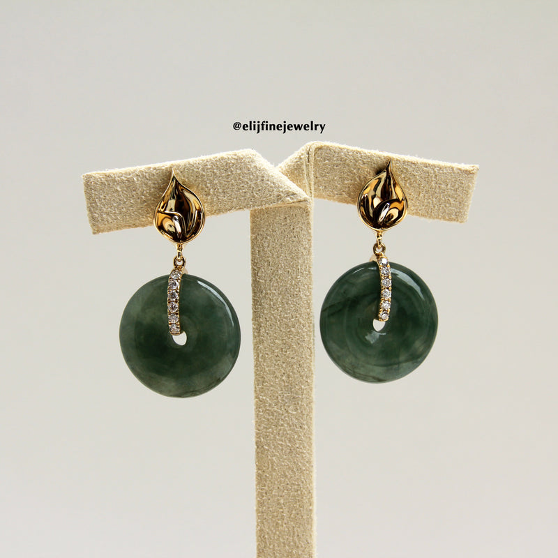 Lily: Type A Dark Green Icy Jadeite Donut & Diamonds 18K Yellow Gold Earring Studs