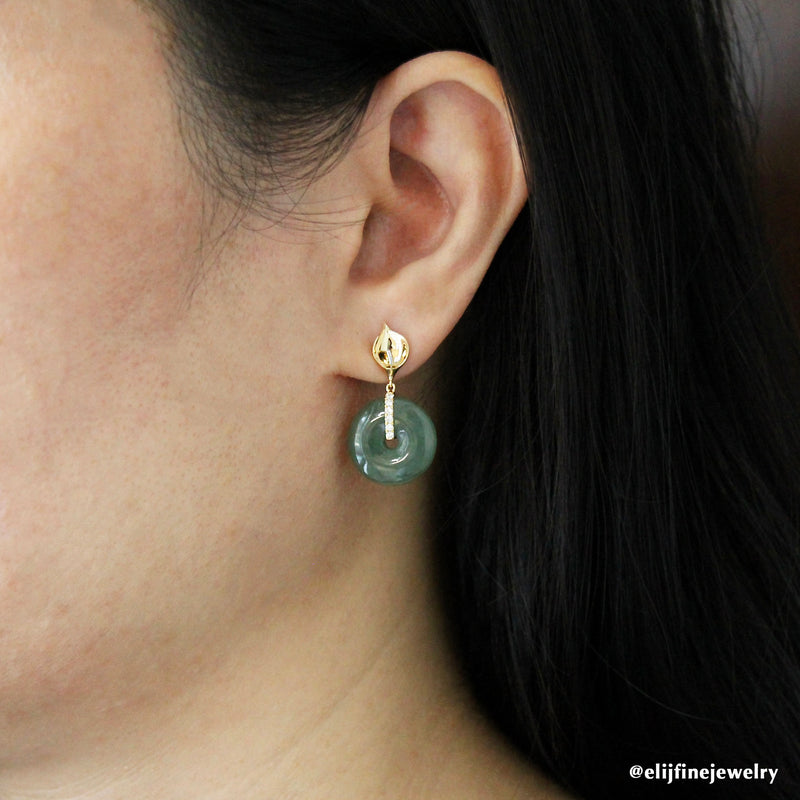 Lily: Type A Dark Green Icy Jadeite Donut & Diamonds 18K Yellow Gold Earring Studs