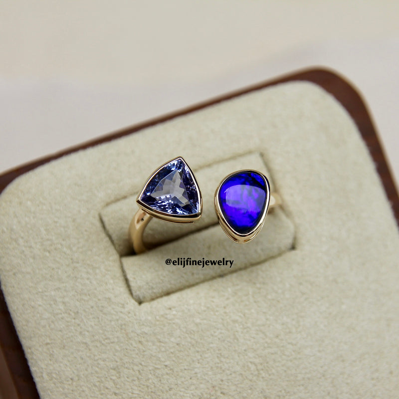 Lightning: Black Opal & Tanzanite 14K Yellow Gold Ring