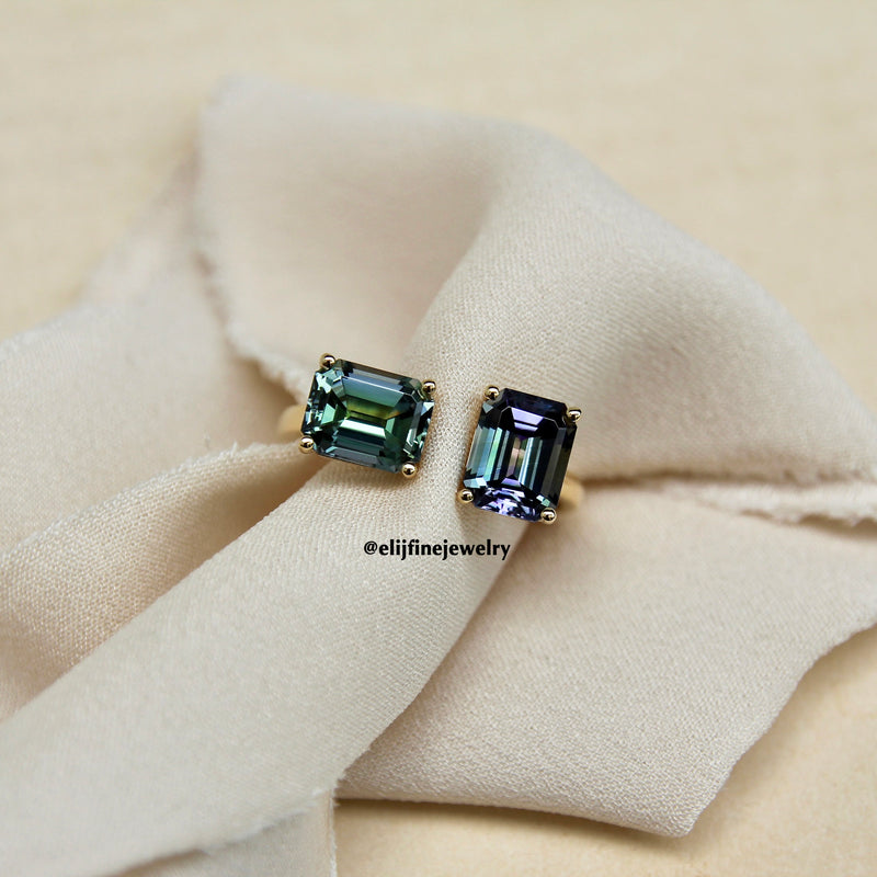 Aurora Borealis: Emerald Cut Unheated Tanzanite 18K Yellow Gold Toi Et Moi Ring