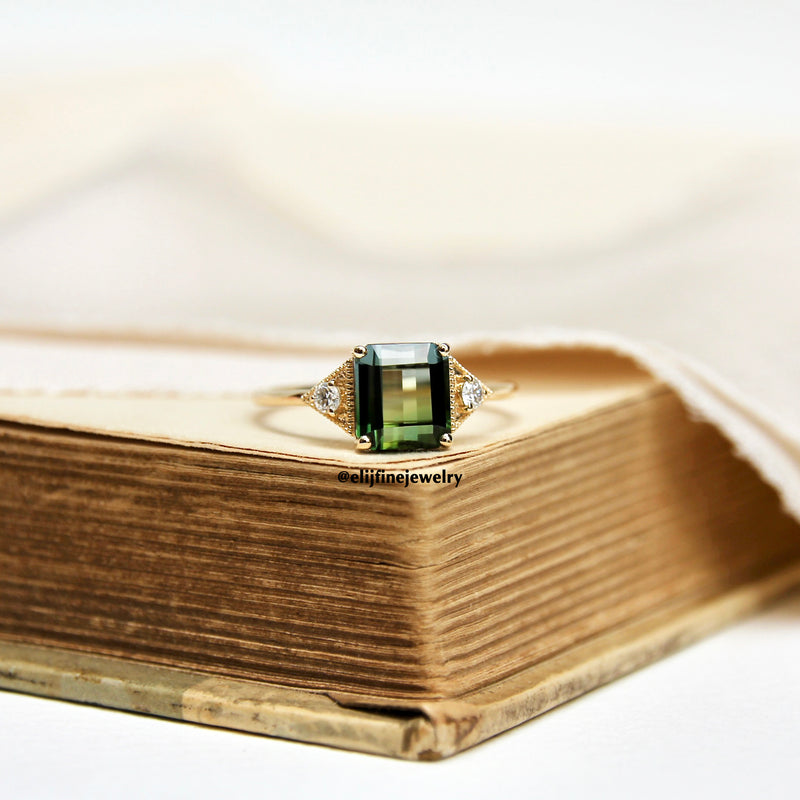 Esther: Bi-Color Green/Clear Tourmaline & Diamond 14K Yellow Gold Stacking Ring