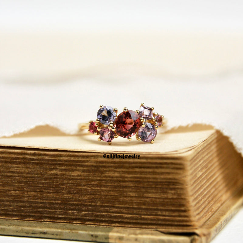 Bouquet Ring #2: Pink Tourmaline & Spinel 14K Yellow Gold Gem Cluster Ring