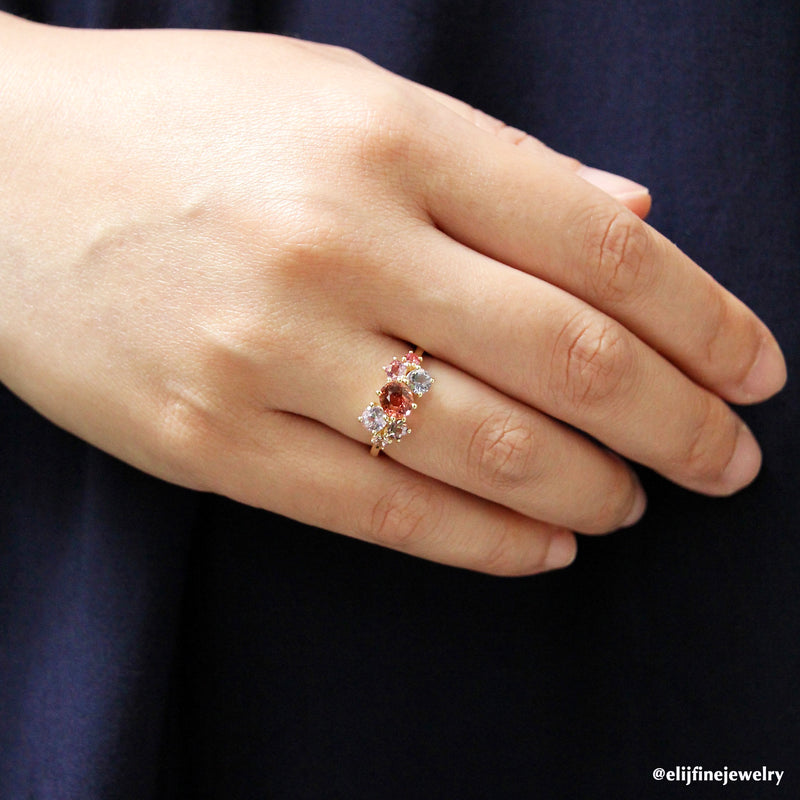 Bouquet Ring #2: Pink Tourmaline & Spinel 14K Yellow Gold Gem Cluster Ring