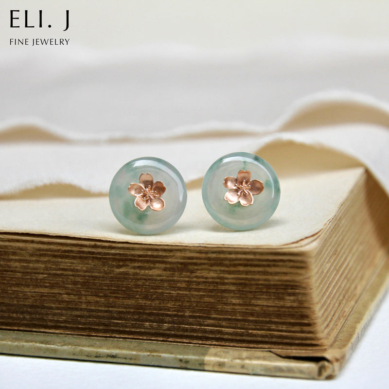 Sakura Memories : Type A Floral Icy Jadeite 18K Rose Gold Earrings