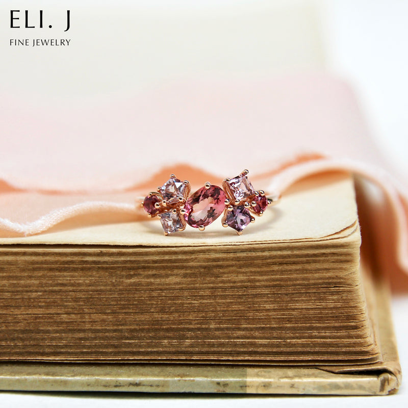 Bouquet Ring #5: Pink Tourmaline & Spinel 14K Rose Gold Gem Cluster Ring