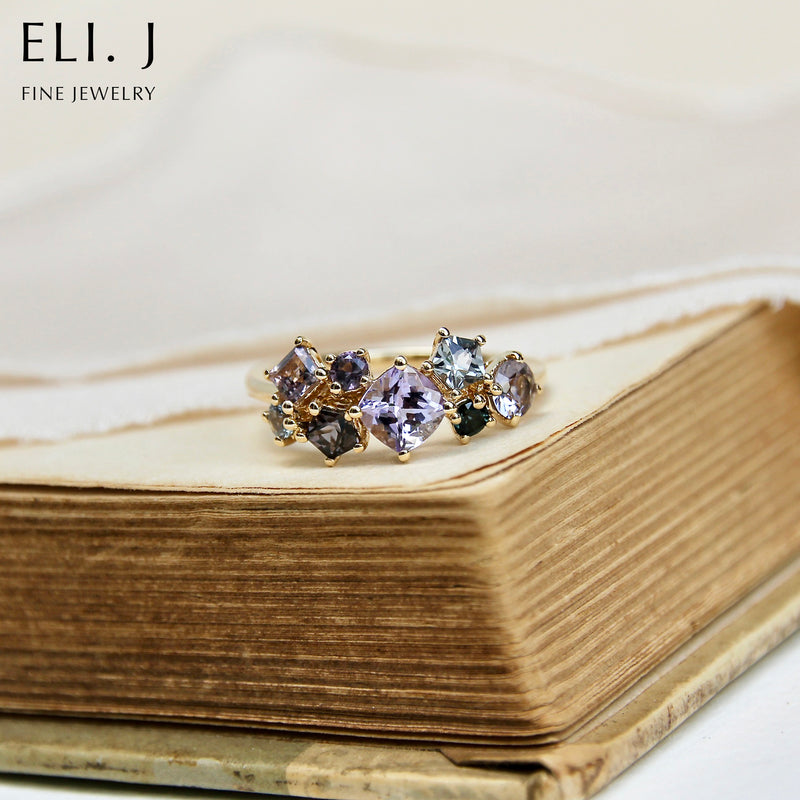 Bouquet Ring #6: Tanzanite & Spinel 14K Yellow Gold Gem Cluster Ring