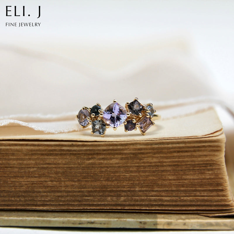 Bouquet Ring #6: Tanzanite & Spinel 14K Yellow Gold Gem Cluster Ring