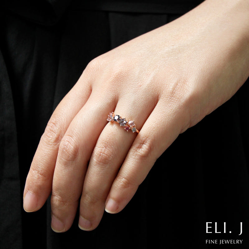 Bouquet Ring #3: Pink & Grey Spinel 14K Rose Gold Gem Cluster Ring