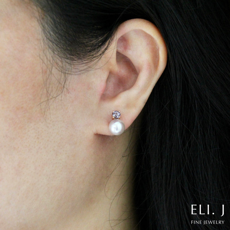 Queen Elizabeth Earrings: Silver-Lilac Akoya Pearl & Purple Spinel 18K Rose Gold Earrings