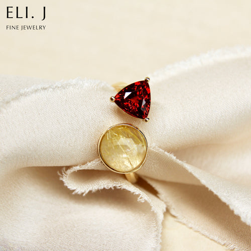 Soleil: Golden Rutile & Spessartite Garnet 18K Yellow Gold Toi Et Moi Ring