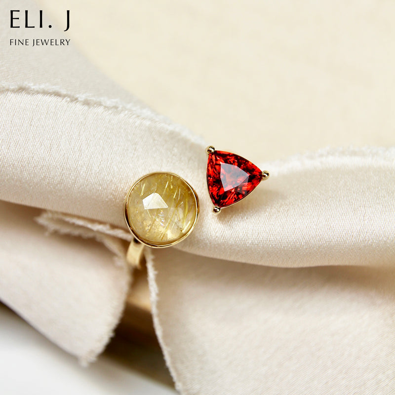 Soleil: Golden Rutile & Spessartite Garnet 18K Yellow Gold Toi Et Moi Ring