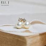 Queen Elizabeth Earrings: Ivory Akoya Pearl & White Sapphire 18K Yellow Gold Earrings