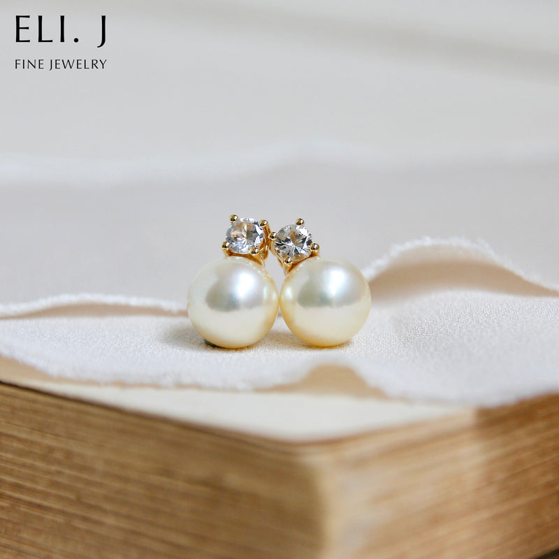 Queen Elizabeth Earrings: Ivory Akoya Pearl & White Sapphire 18K Yellow Gold Earrings