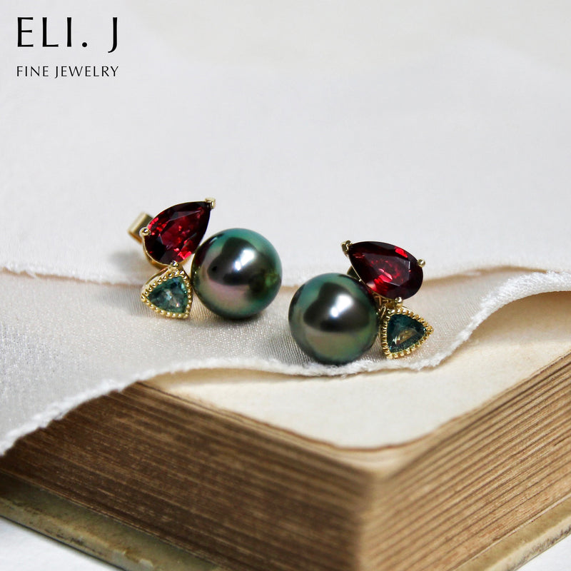 Evangeline: Tahitian Pearls, Red Spinel & Teal Sapphire 18K Yellow Gold Earrings