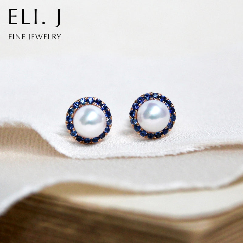 Hanami Sky: White Akoya Pearl & Blue Sapphire 18K Rose Gold Earrings