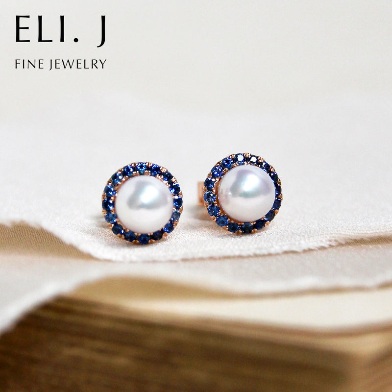 Hanami Sky: White Akoya Pearl & Blue Sapphire 18K Rose Gold Earrings