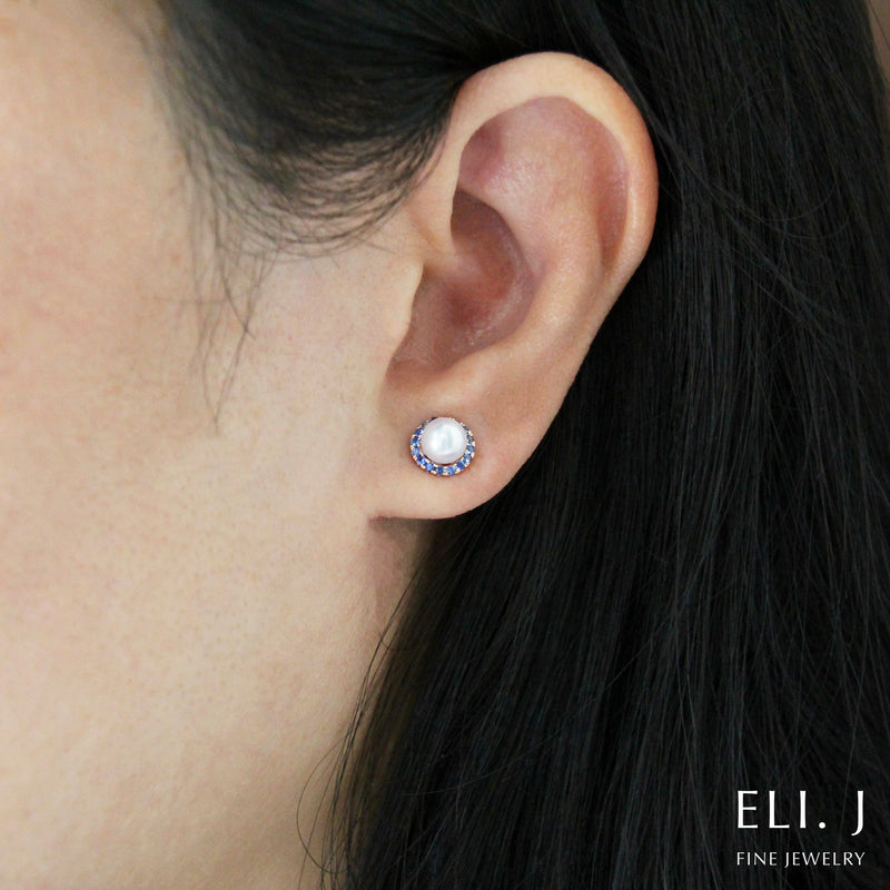 Hanami Sky: White Akoya Pearl & Blue Sapphire 18K Rose Gold Earrings