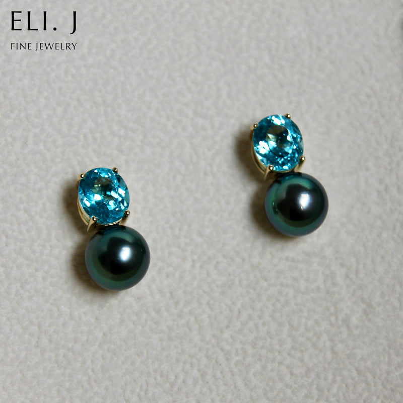 Bora Bora: Tahitian Pearls, Apatite 18K Yellow Gold Earrings