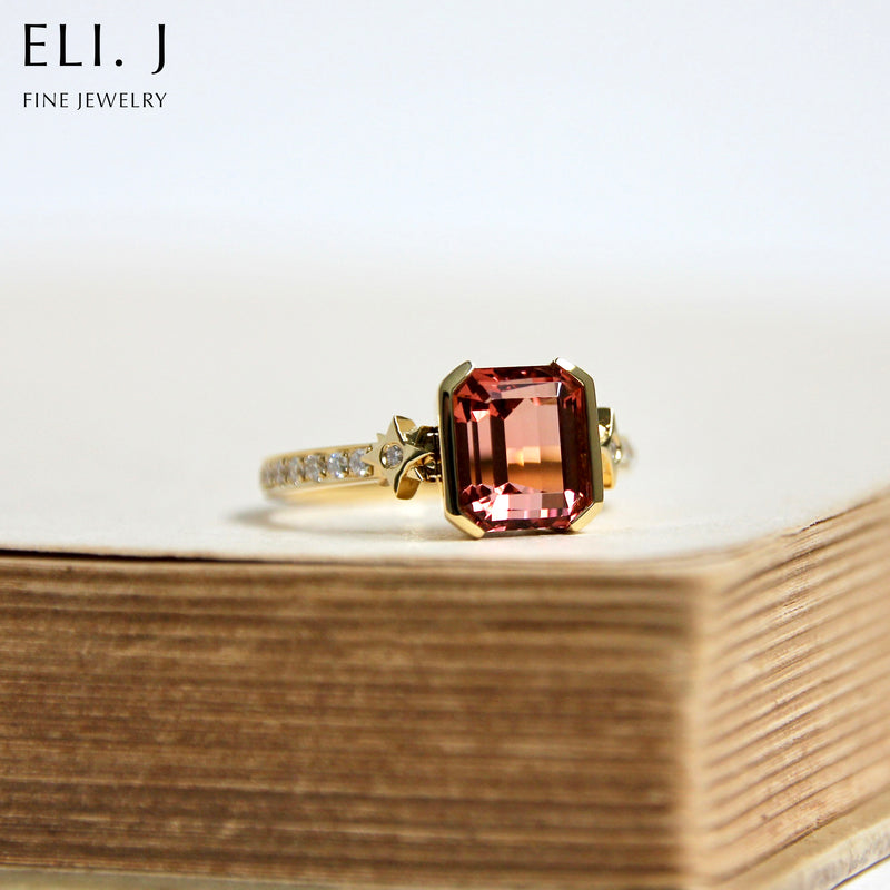 Estella: Orange-Pink Padparadscha Tourmaline & Diamond 18K Yellow Gold Ring