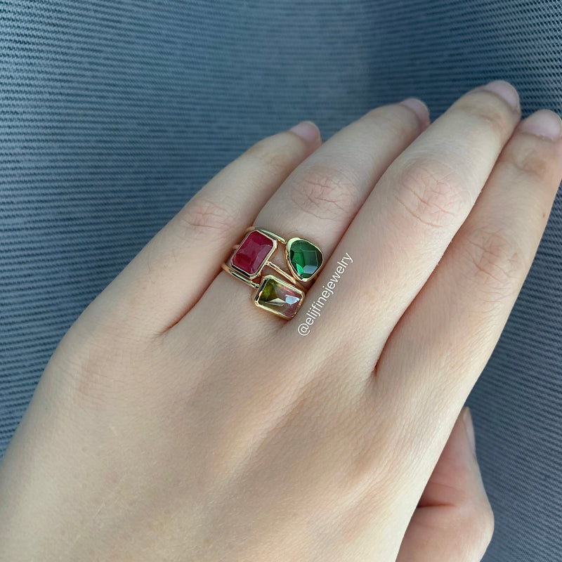 Bi-Colour Tourmaline 14K Yellow Gold Stacking Ring (Series 1)