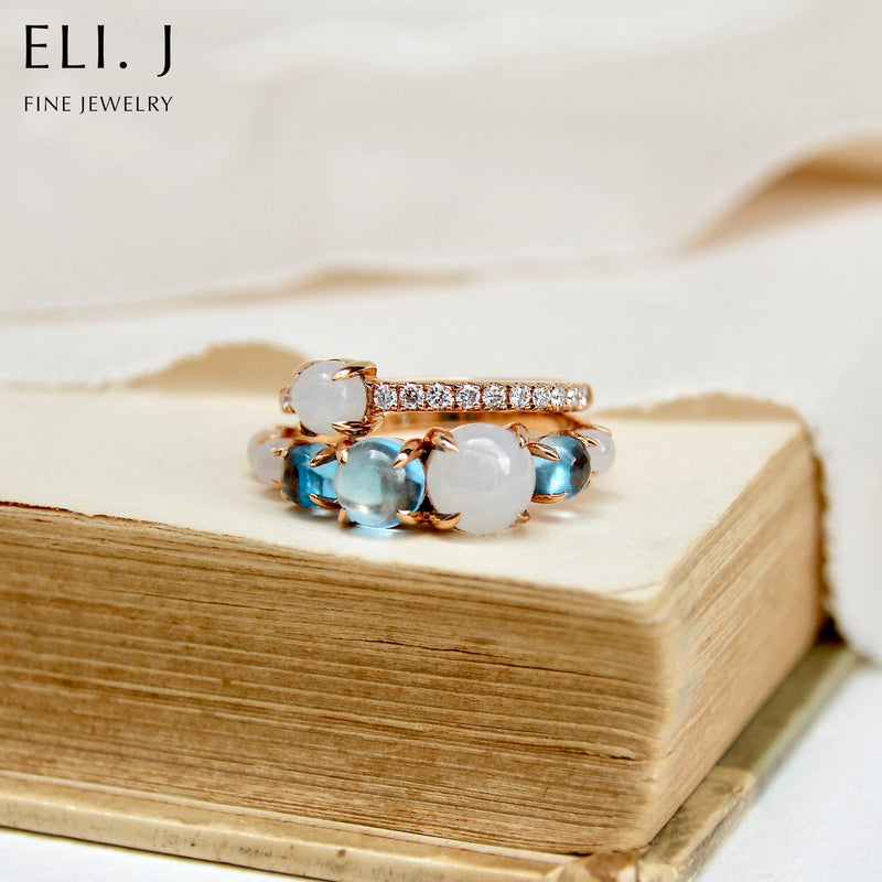 Lumi Ring: Type A Burmese White Jadeite Cabochon & Swiss Blue Topaz 18K Rose Gold Ring