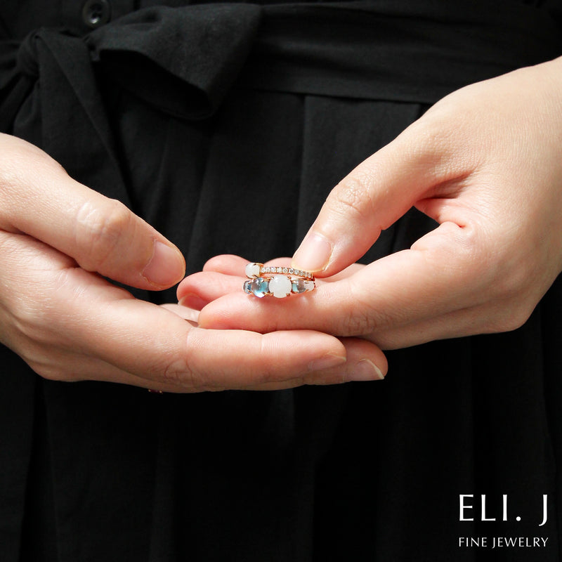 Lumi Ring: Type A Burmese White Jadeite Cabochon & Swiss Blue Topaz 18K Rose Gold Ring