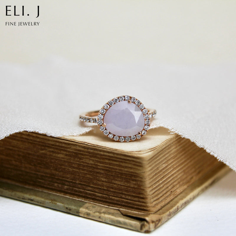 Rose: Type A Burmese Lavender Jadeite Custom Cut & Diamond 18K Rose Gold Ring