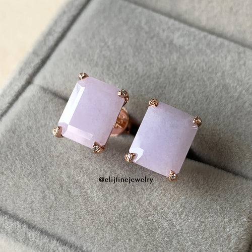 Jade Gems: Emerald Cut Lavender Jadeite 18K Rose Gold Earrings