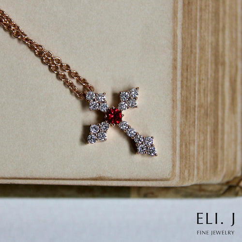 Love: Diamond & Ruby 18K Rose Gold Cross Necklace