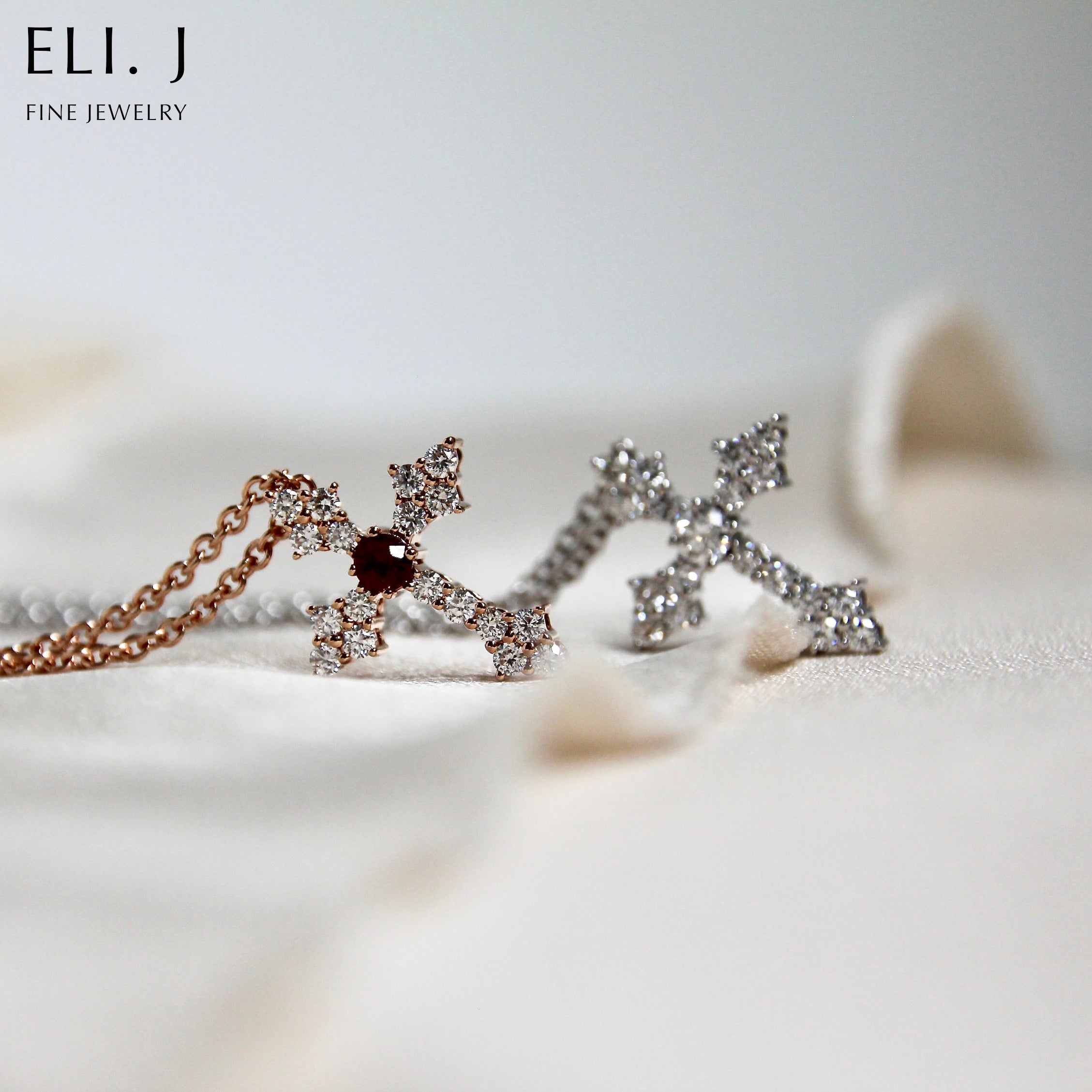 Love Diamond Ruby 18K Rose Gold Cross Necklace ELI. J FINE