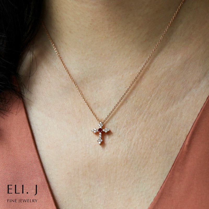 Love: Diamond & Ruby 18K Rose Gold Cross Necklace