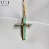 Bamboo Cross: Type A Green Jadeite & Diamond 18K Yellow Gold Necklace