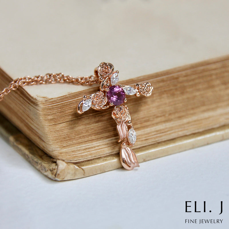 Garden of Gethsemane: Diamond & Spinel 18K Rose Gold Cross Necklace