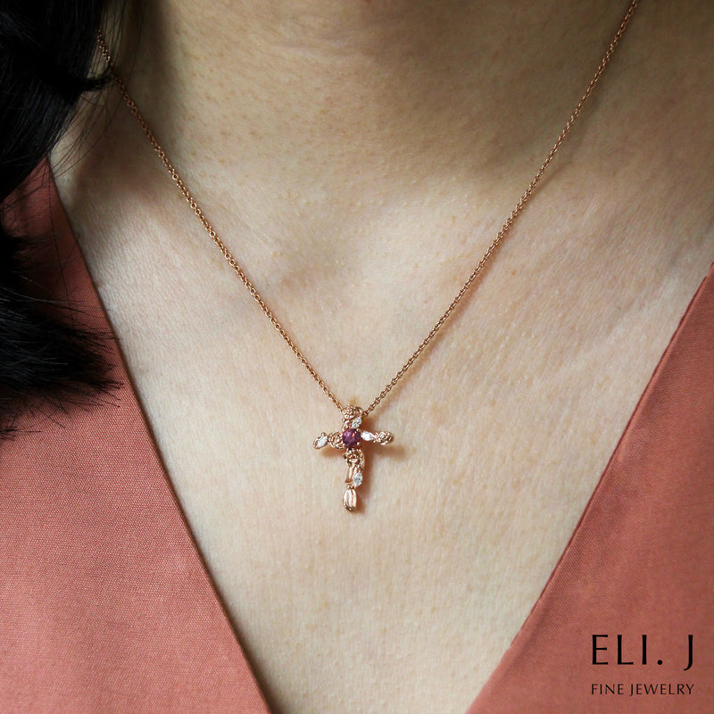 Garden of Gethsemane: Diamond & Spinel 18K Rose Gold Cross Necklace