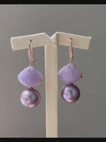 "The Joyful Empress" Rare Type A Lavender Jadeite Carved Shells & Purple Edison Pearl 18K Rose Gold Earrings